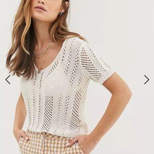 Mango Crochet Macrame Knit Sweater T Shirt Cream White